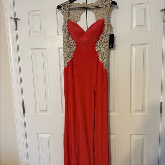 LeFemme Dresses & Skirts - Red Maxi Evening Dress with Cream Lace Accents